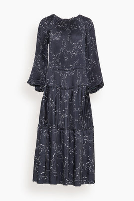 Pleated Dress in White Flower / Blue Base