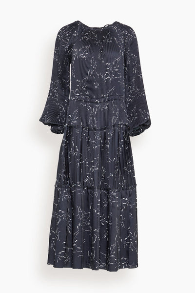 Pleated Dress in White Flower / Blue Base