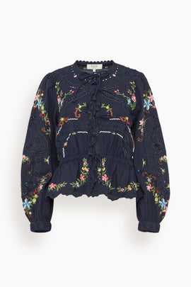 Edwina Embroidered Long Sleeve Tie Front Top in Navy