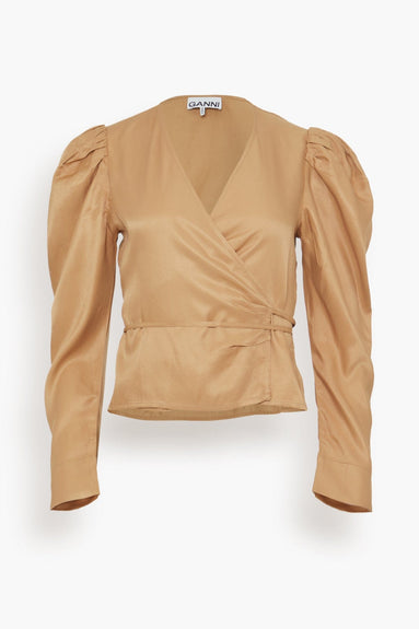 Ganni Tops Viscose Twill Wrap Blouse in Tiger's Eye