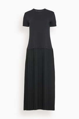 Short Sleeve Midi Dress with Pleated Skirt in Black