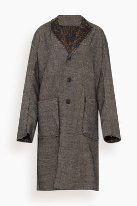 Double Layer Reversible Raw Cut Coat in Khaki Black Mini Houndstooth