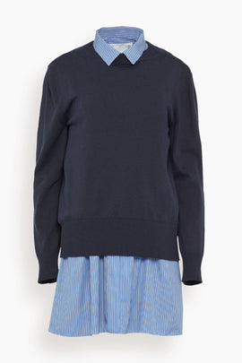 Poplin Cotton Knit Dress in Navy/Blue Stripe