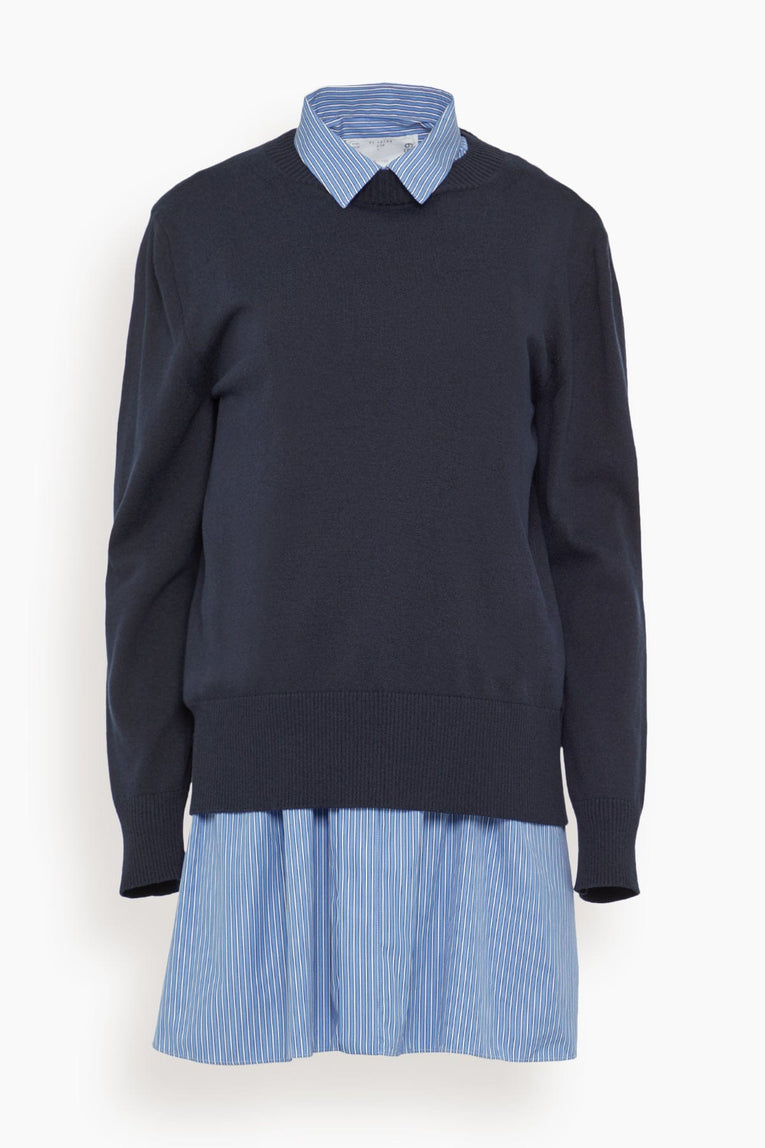 Sacai Poplin Cotton Knit Dress in Navy/Blue Stripe