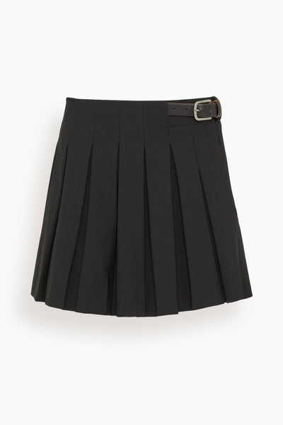 Adeline Wool Suiting Belted Pleat Mini Skirt in Black
