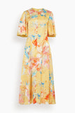 Markarian Dresses Sarah Printed Satin Midi Dress with Flutter Sleeve in Yellow Peony Sarah Printed Satin Midi Dress with Flutter Sleeve in Yellow Peony