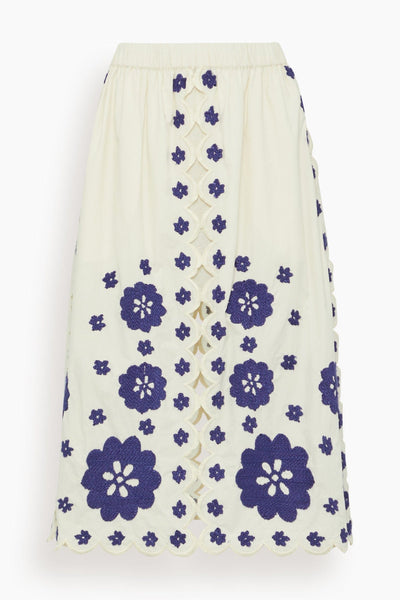 Catrine Applique Midi Scallop Skirt in Blue