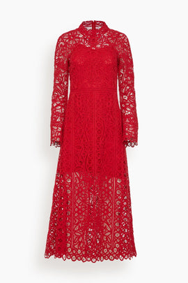Adelina Battenberg Lace Long Sleeve Maxi Dress in Red