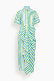 Rosie Assoulin Gathered Ruffle Shirt Dress in Blue/Green Stripe