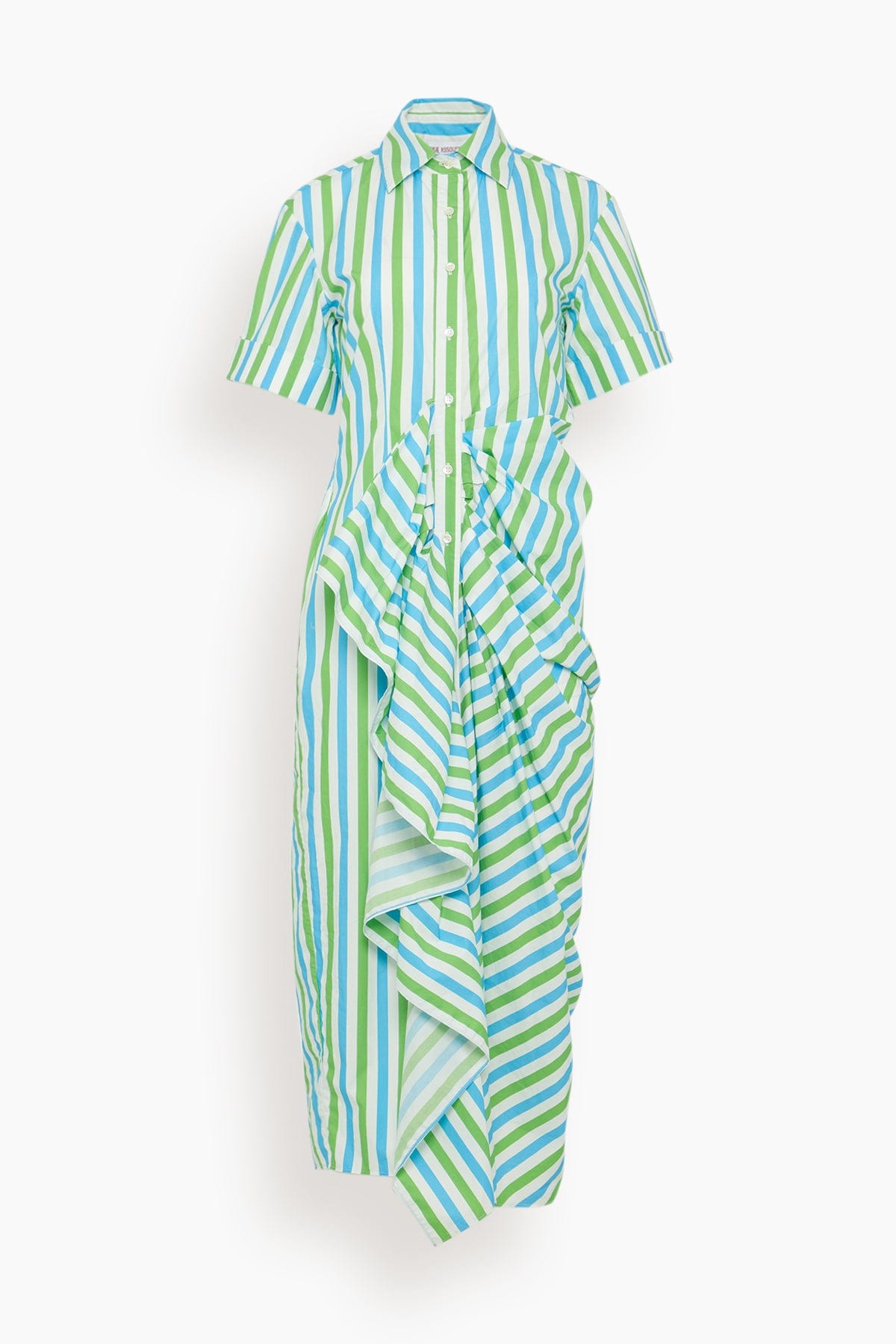 Rosie Assoulin Women's Gathered Ruffle Shirt Dress, Blue/Green Stripe, Cotton | Size: 2 | St. Bernard Rosie Assoulin Women's Gathered Ruffle Shirt Dress, Blue/Green Stripe, Cotton | Size: 2 | St. Bernard