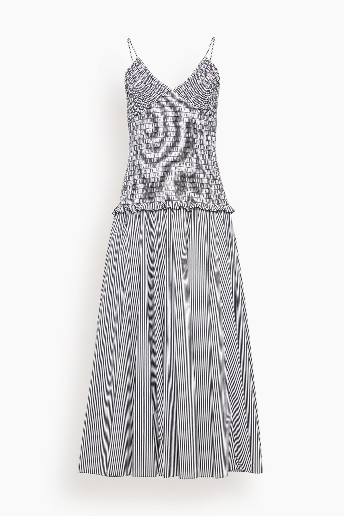 Brandon Maxwell Josie Spaghetti Strap Dress in Black/White Stripe
