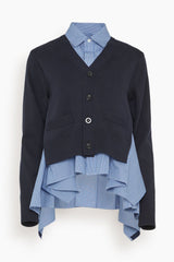 Sacai Cotton Poplin x Knit Cardigan in Navy and Blue Stripe