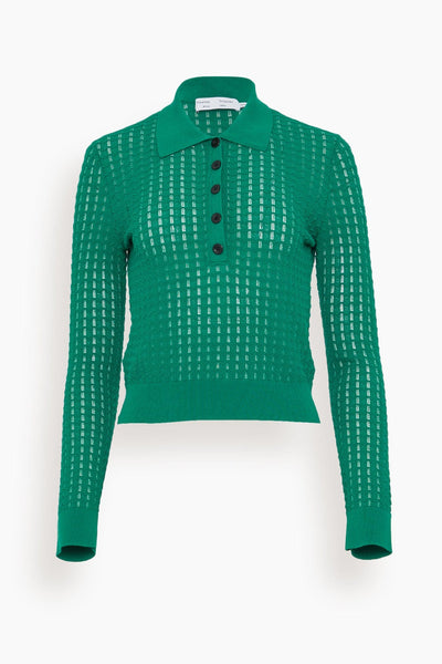 Sheer Cotton Long Sleeve Polo in Green