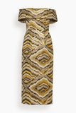 Markarian Gloria Jacquard Off The Shoulder Midi Dress in Metallic Woodgrain