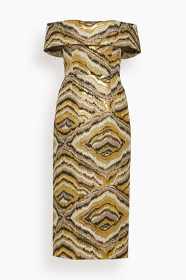 Gloria Jacquard Off The Shoulder Midi Dress in Metallic Woodgrain