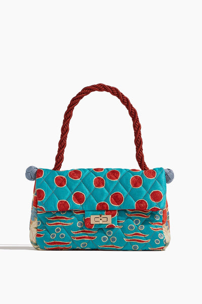 One of a Kind Bonbon Embroidery Bag in Burgundy Strap/Turquoise Flap