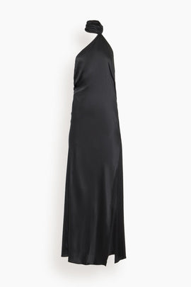 Soie Asymmetrical Halter Gown in Black