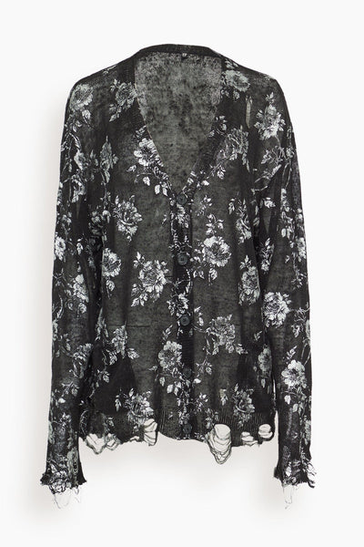 Printed Boyfriend Cardigan in Silver Floral on Black