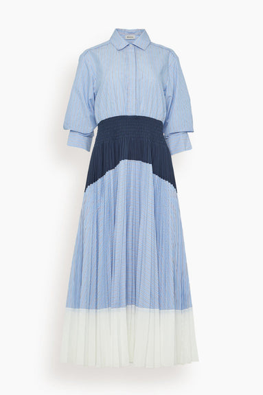 Simkhai Casual Dresses Jenella Pleated Combo Midi Dress in Harbor Blue Stripe Simkhai Jenella Pleated Combo Midi Dress in Harbor Blue Stripe