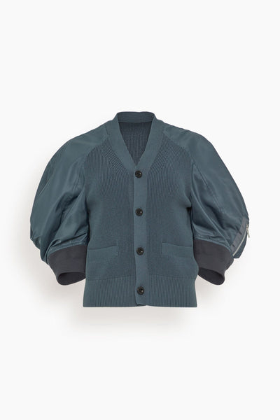 Nylon Twill and Knit Cardigan in Blue Gray