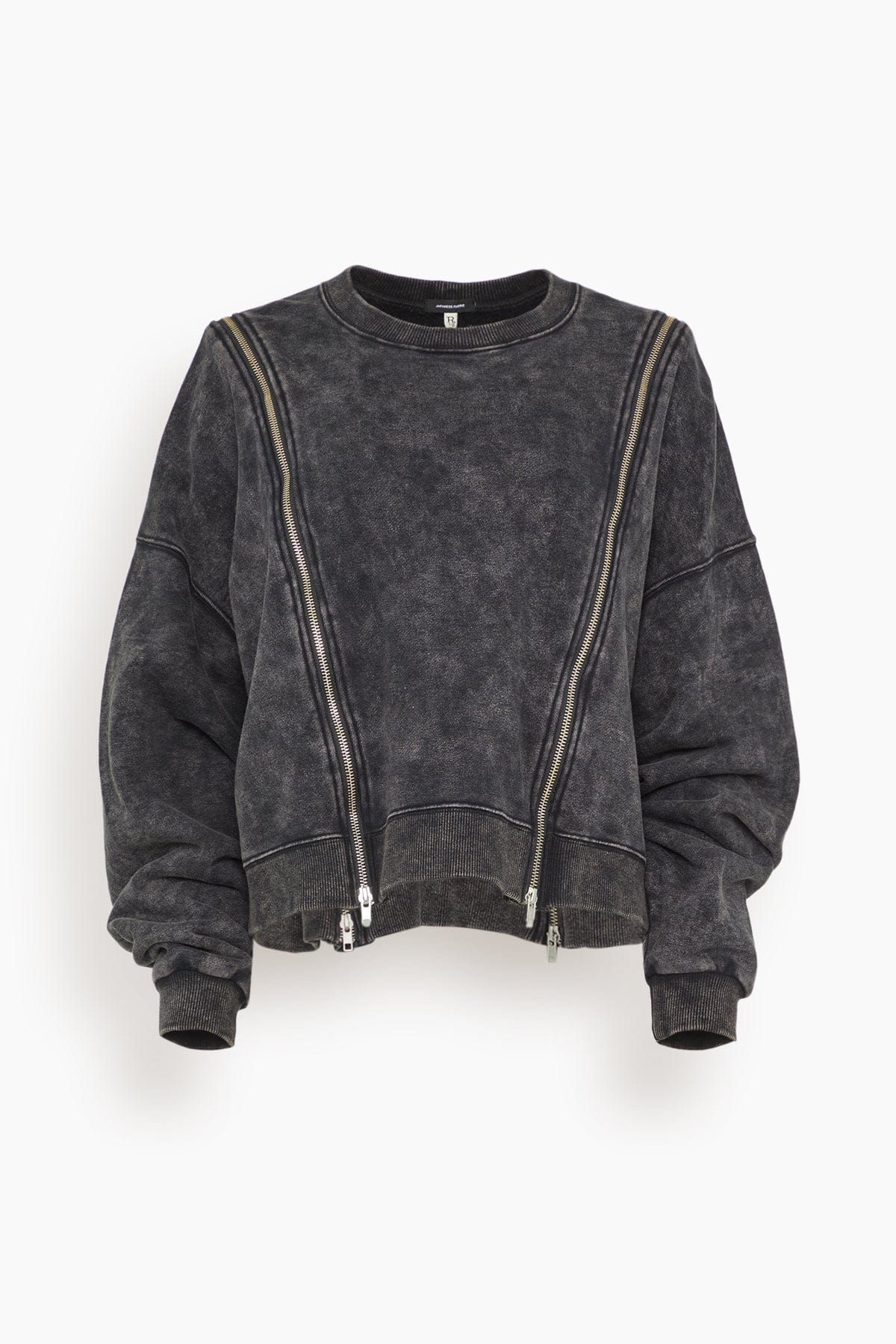 R13 Zippered Crewneck Sweatshirt in Washed Black