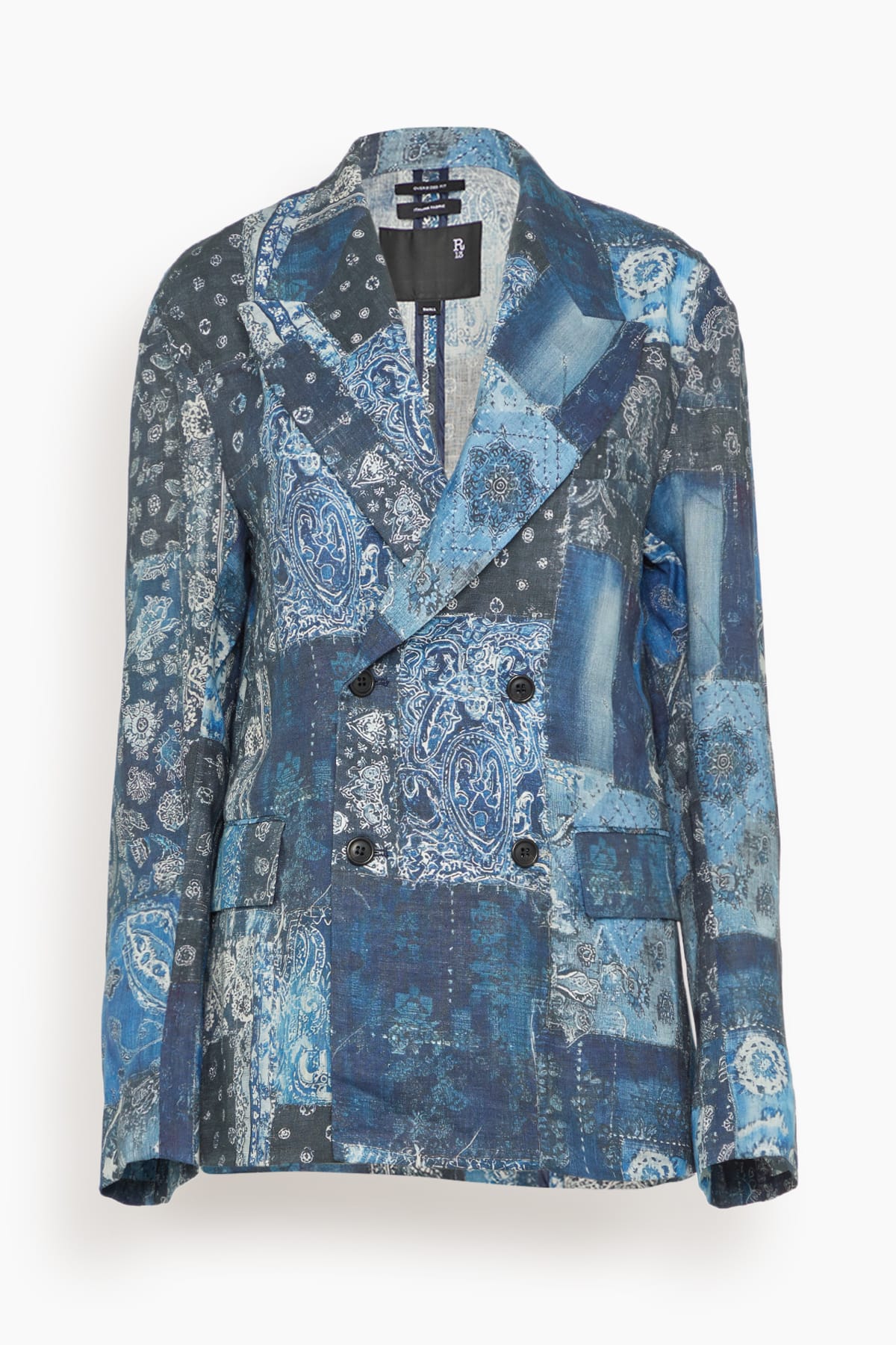 R13 Double Breasted Peak Lapel Ragged Blazer in Blue Multi Bandana