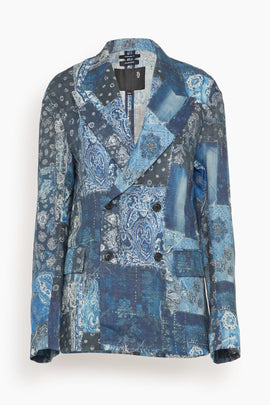 Double Breasted Peak Lapel Ragged Blazer in Blue Multi Bandana