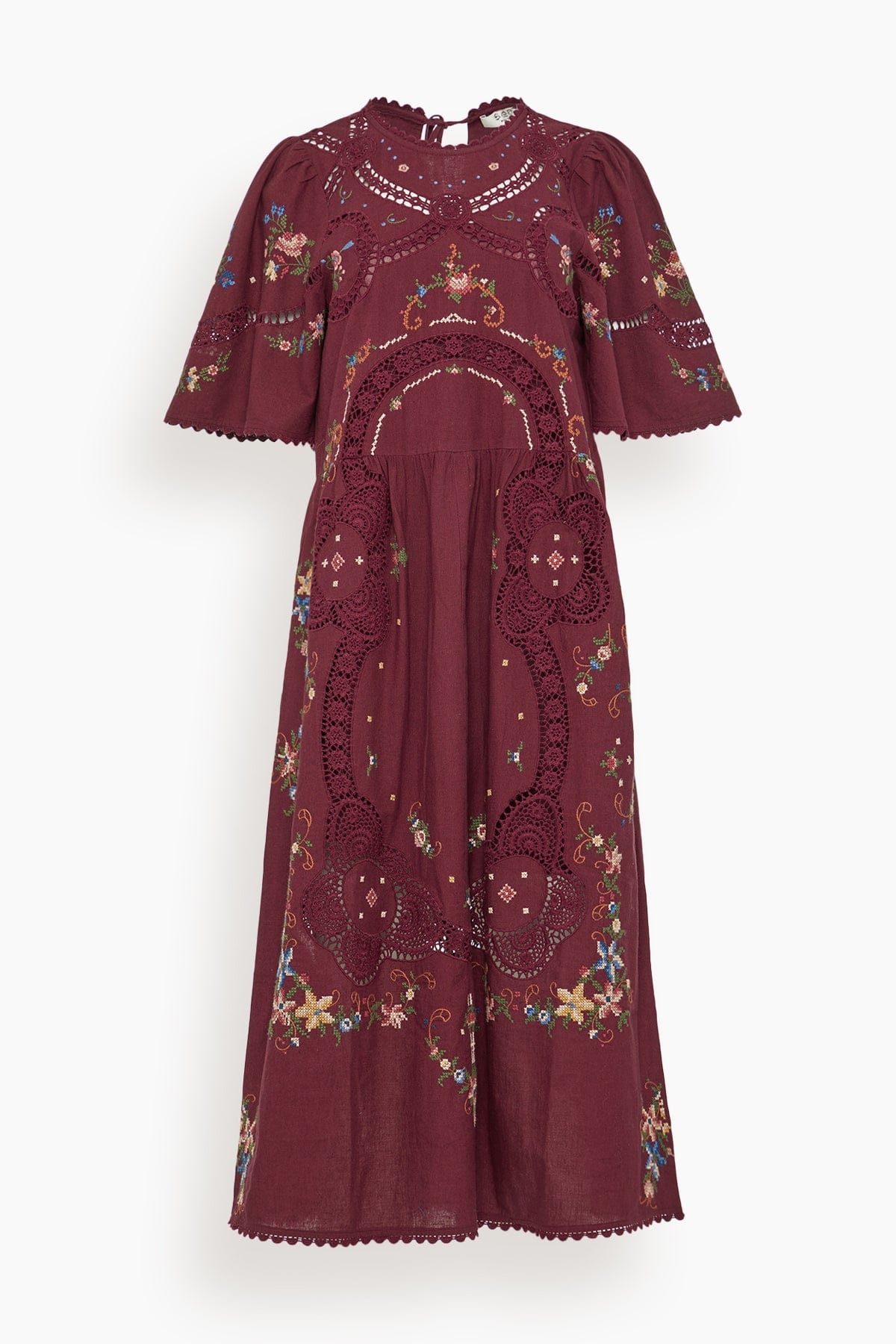 Sea Edwina Embroidered Short Sleeve Dress in Burgundy