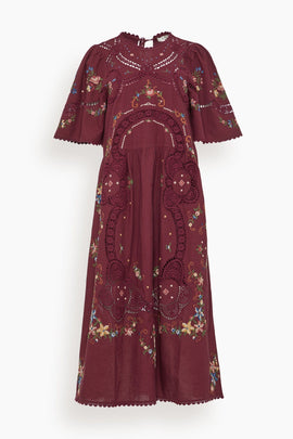 Edwina Embroidered Short Sleeve Dress in Burgundy