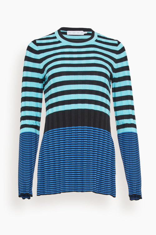 Proenza Schouler White Label Tops Slinky Stripe Long Sleeve Sweater in Aqua/Black/Oxford Blue