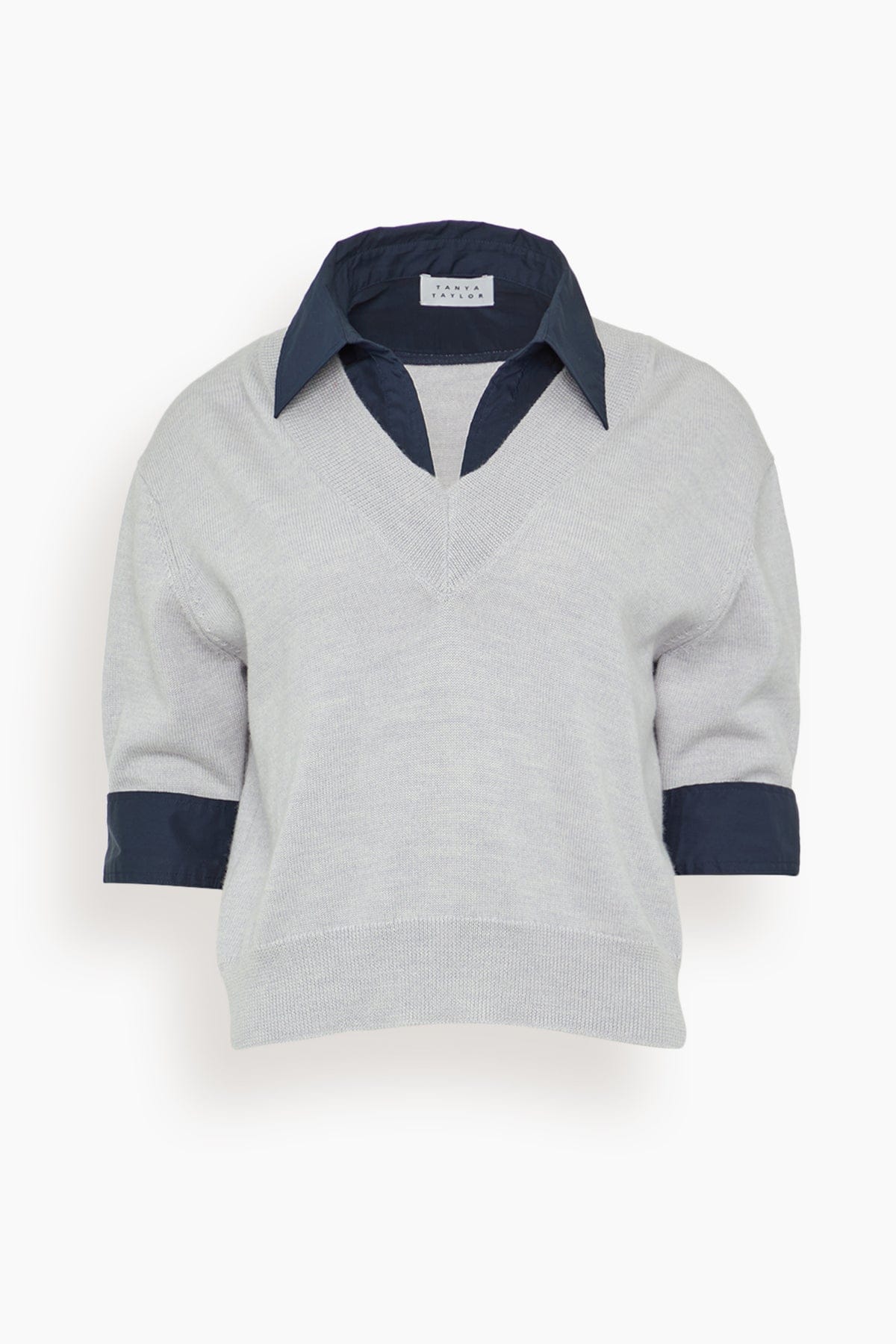 Tanya Taylor Esme Sweater Combo Top in Light Heather Gray/Maritime
