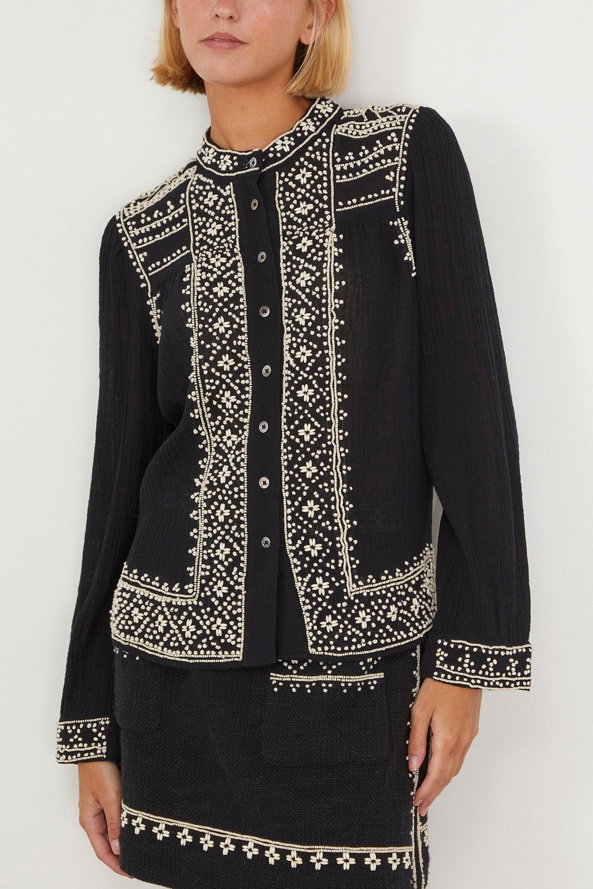 Sea Tops Mille Embroidery Long Sleeve Button Down Top in Black