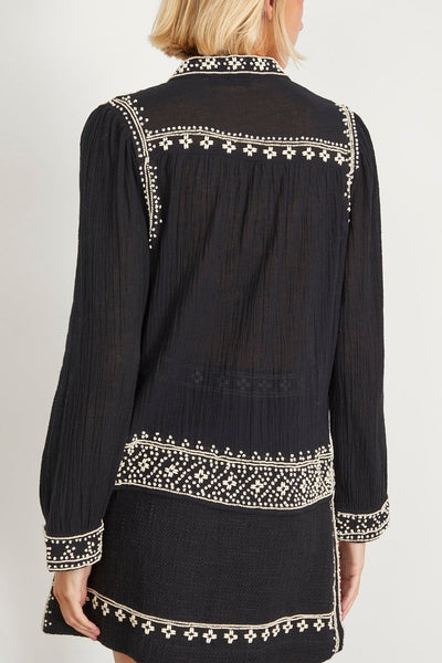 Sea Tops Mille Embroidery Long Sleeve Button Down Top in Black