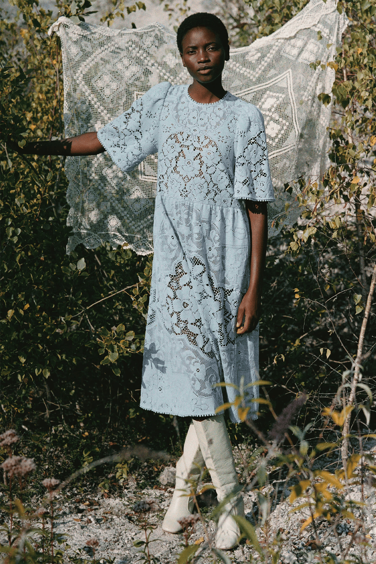 SEA NY Arianna Lace Short Sleeve Midi Dress in Blue Hampden Clothing SEA NY Arianna Lace Short Sleeve Midi Dress in Blue Hampden Clothing