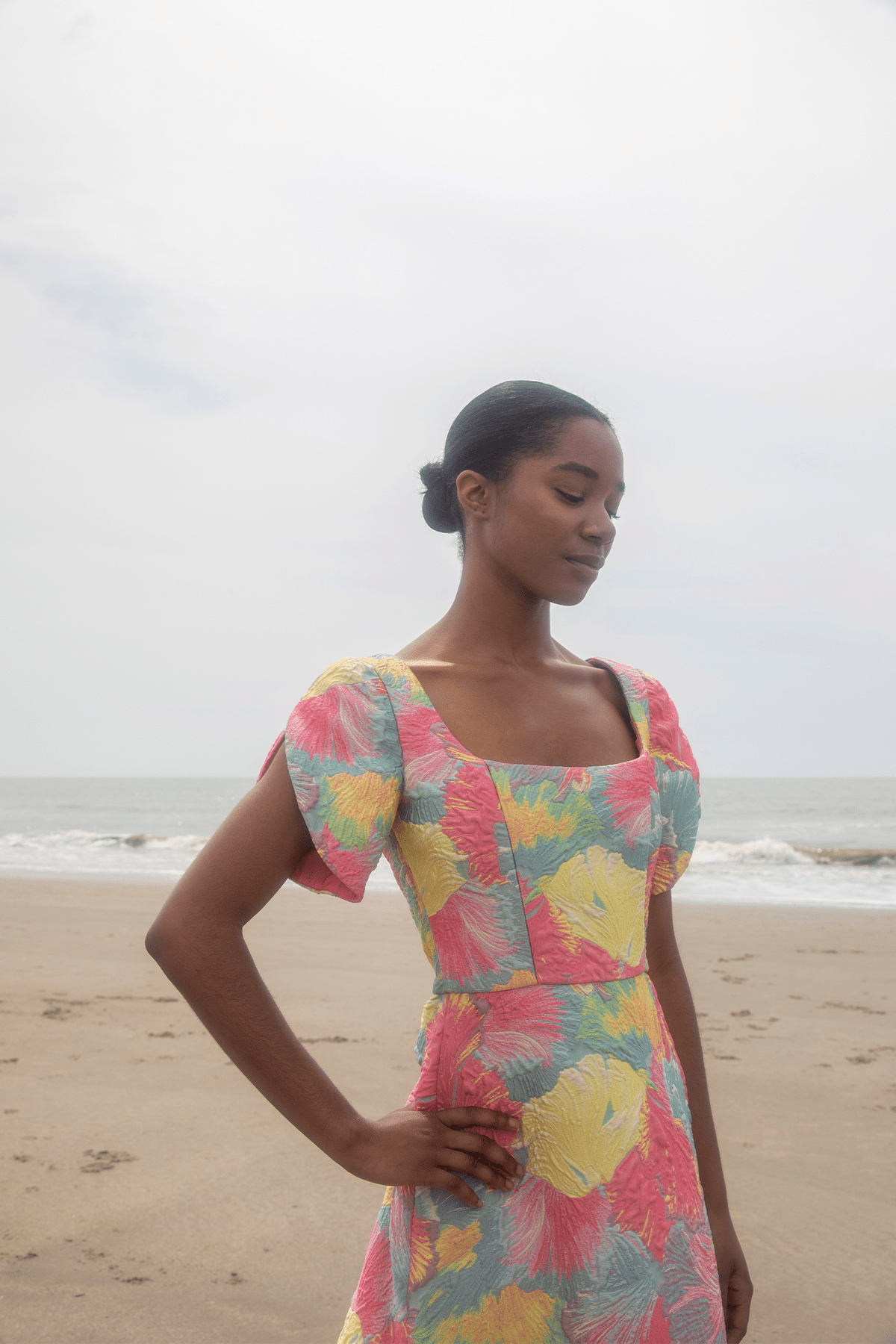 Markarian Cocktail Dresses Astrid Square Neck Midi Dress with Petal Sleeve in Sherbert Floral Brocade Markarian Astrid Square Neck Midi Dress with Petal Sleeve in Sherbert Floral Brocade