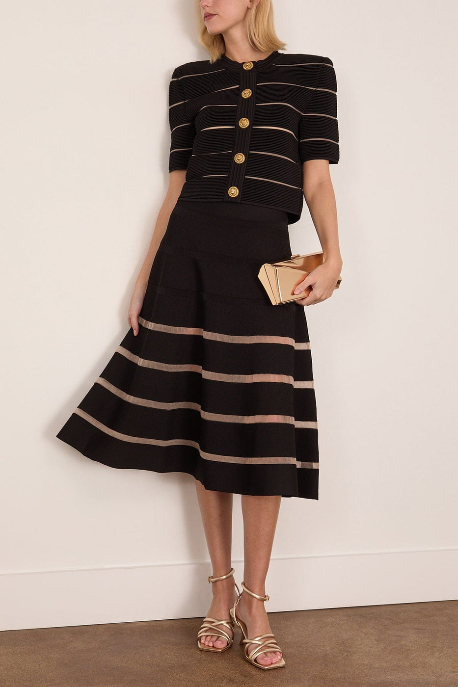 Balmain Stripe Knit Flare Skirt in Black