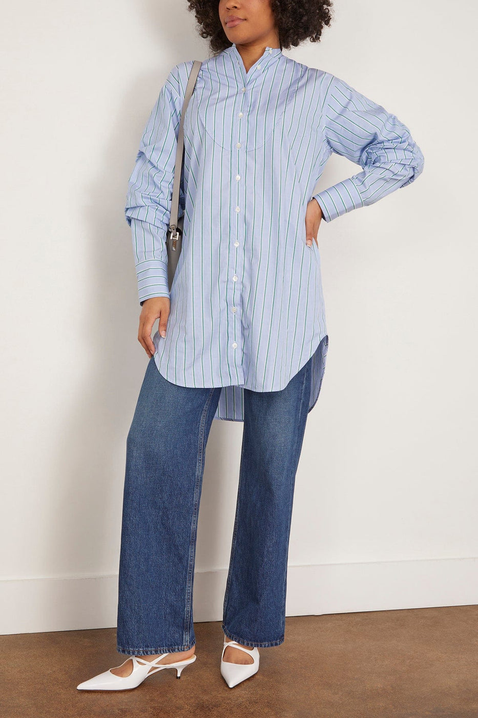 Bite Studios Pleated Sleeve Tuxedo Shirt Dress in Arctic Blue Stripe