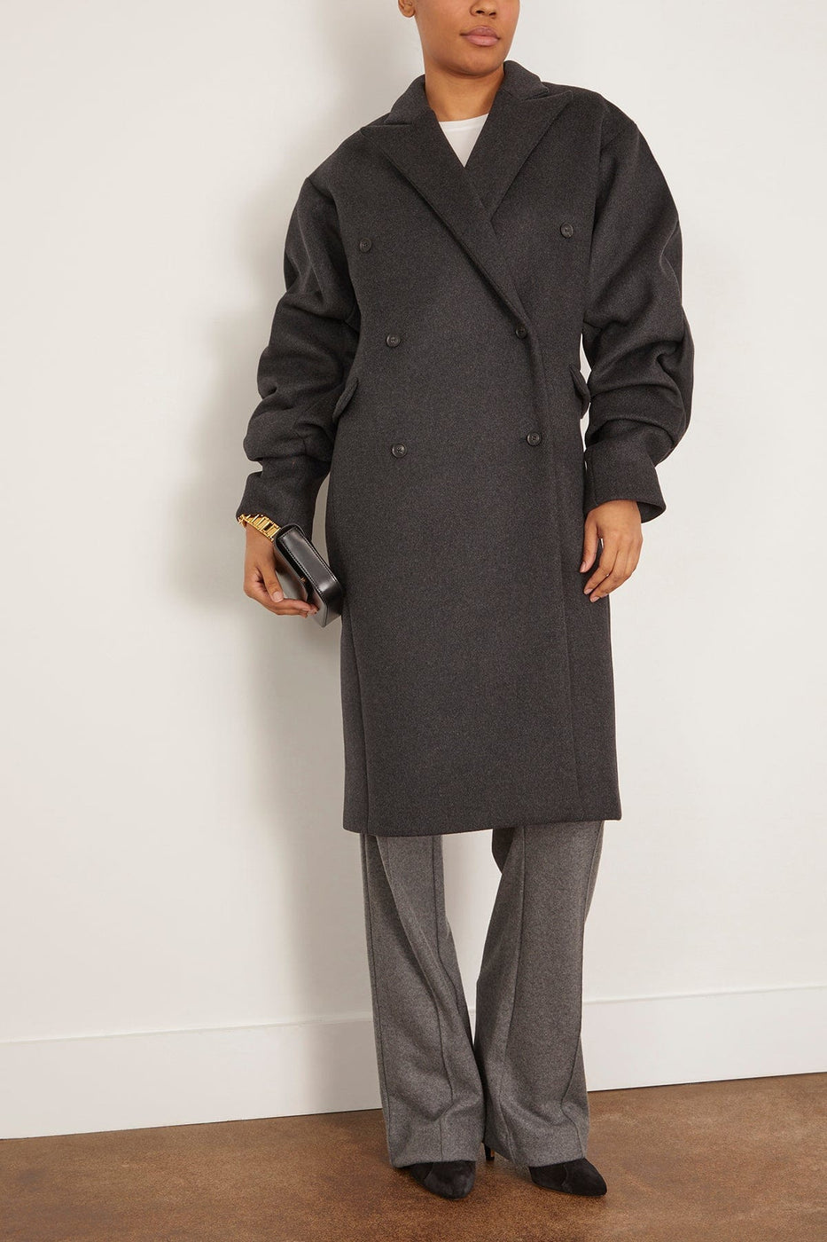 Bite Studios Pleated Sleeve Wool Coat in Dark Grey Melange