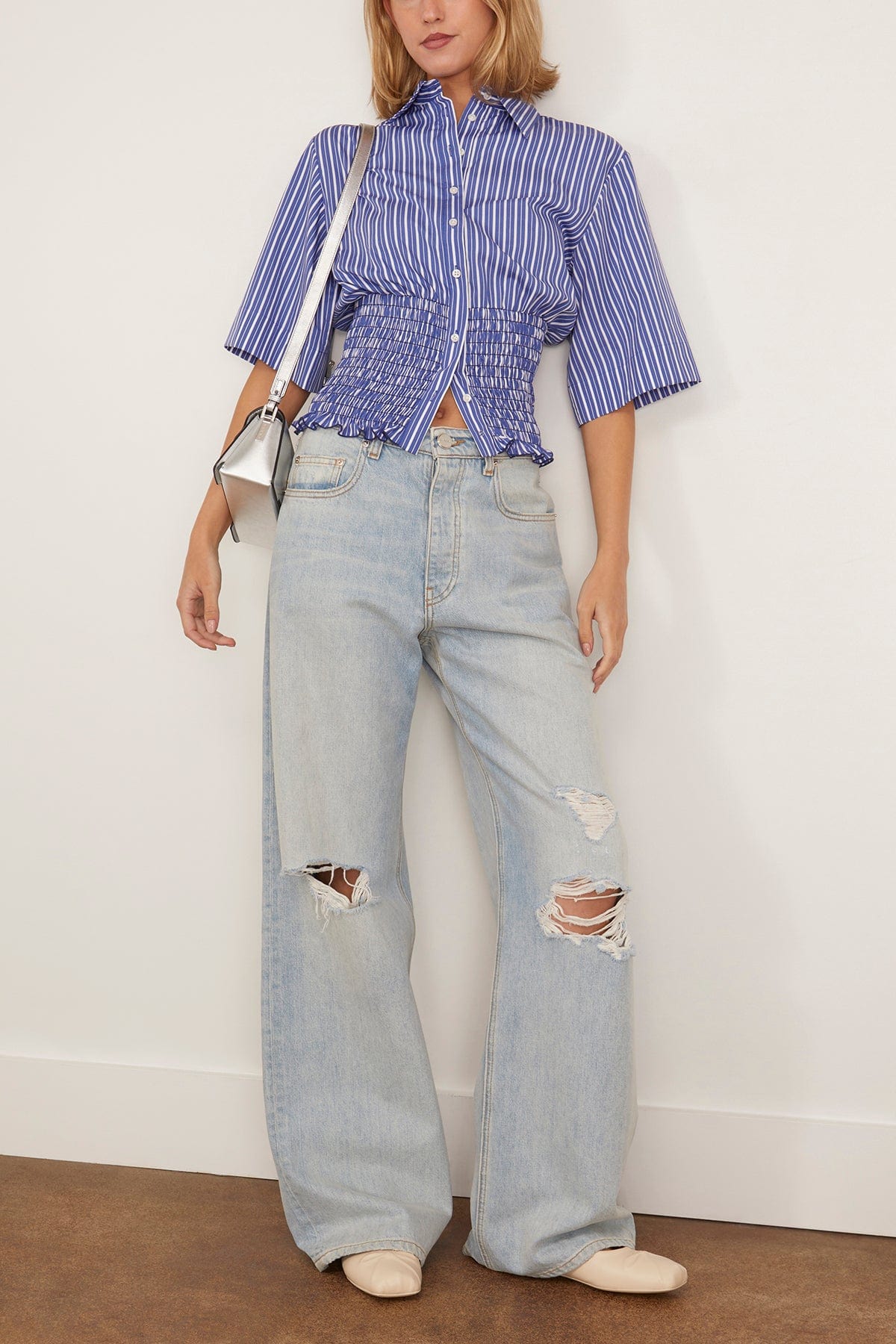 Brandon Maxwell Harte Button Up Shirt in Navy Stripe