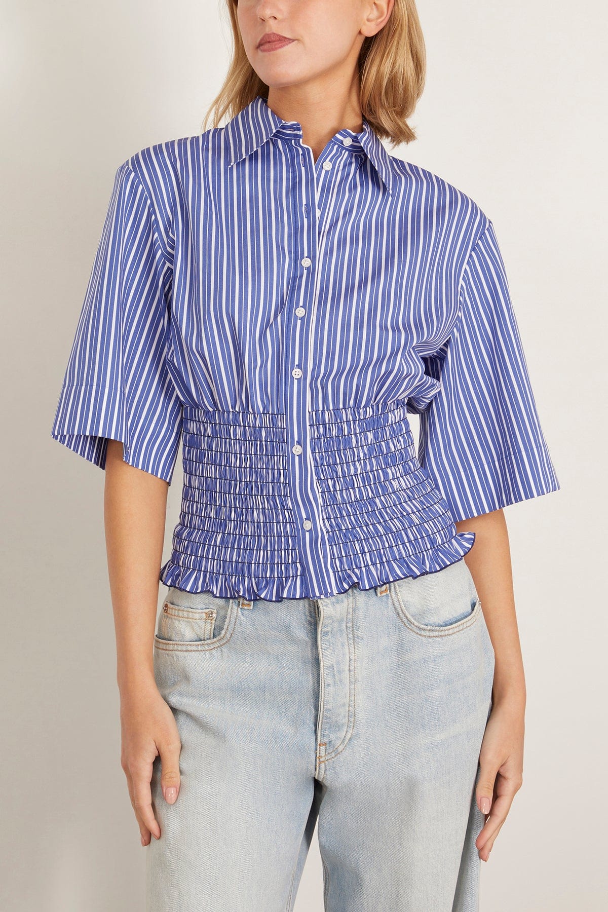 Brandon Maxwell Harte Button Up Shirt in Navy Stripe