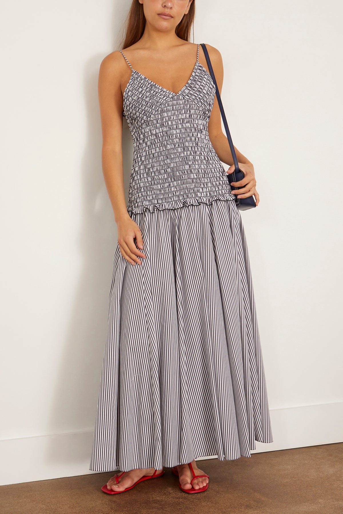 Brandon Maxwell Josie Spaghetti Strap Dress in Black/White Stripe