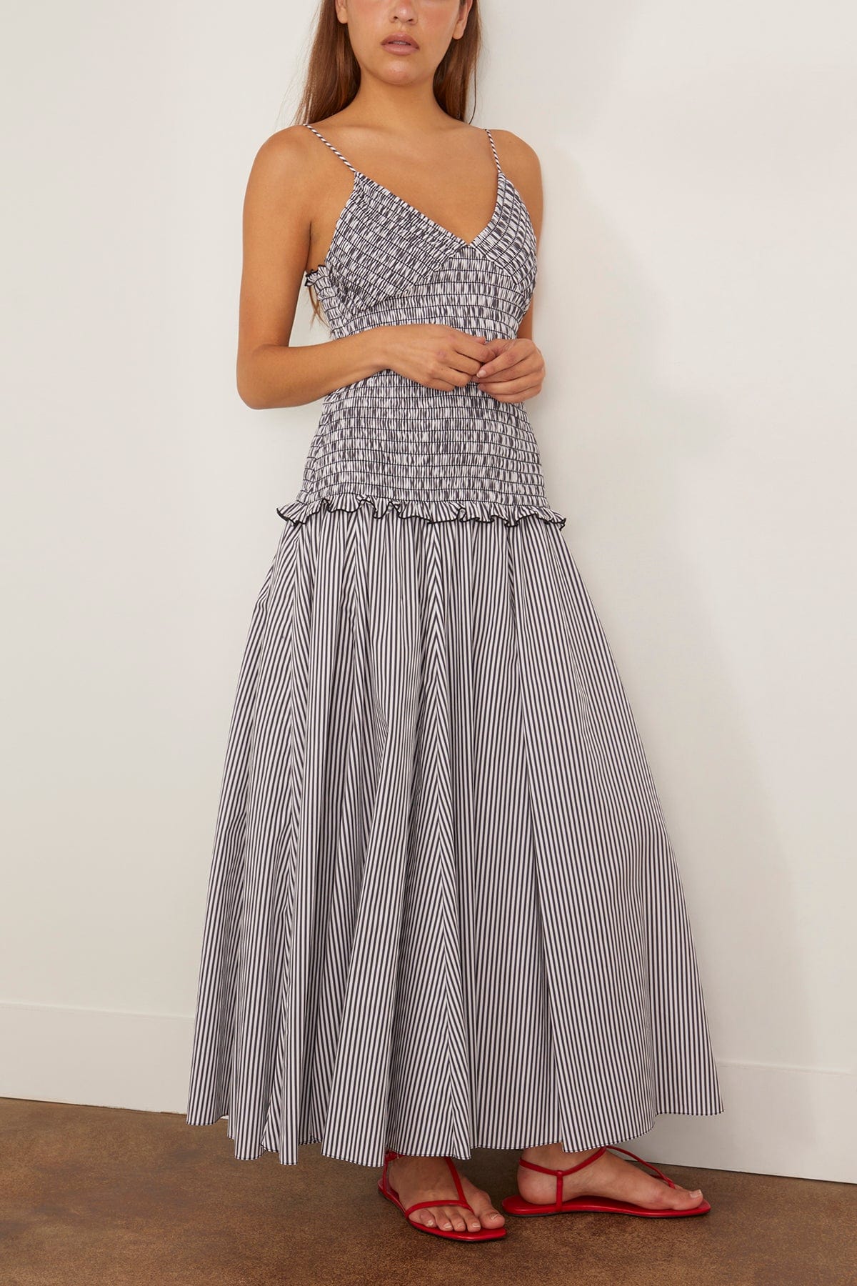 Brandon Maxwell Josie Spaghetti Strap Dress in Black/White Stripe