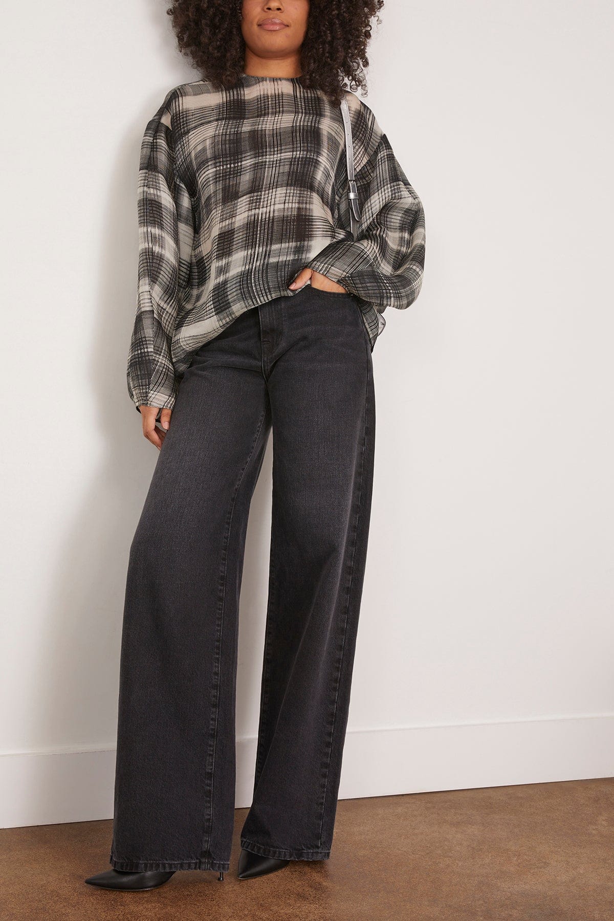 Brandon Maxwell The Briggs Relaxed Blouse with Balloon Sleeves in Smeared Plaid