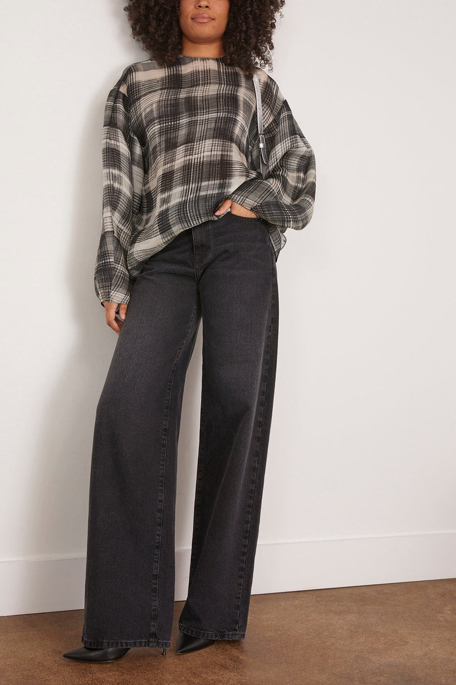 Brandon Maxwell The Briggs Relaxed Blouse with Balloon Sleeves in Smeared Plaid