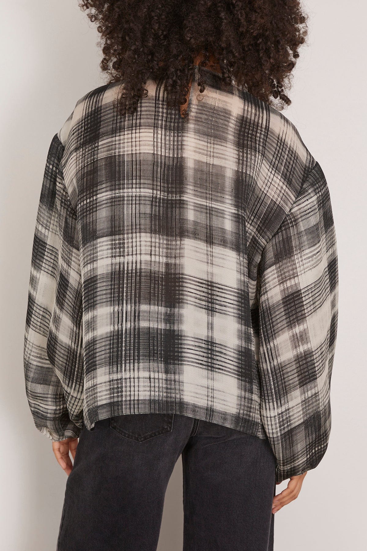 Brandon Maxwell The Briggs Relaxed Blouse with Balloon Sleeves in Smeared Plaid