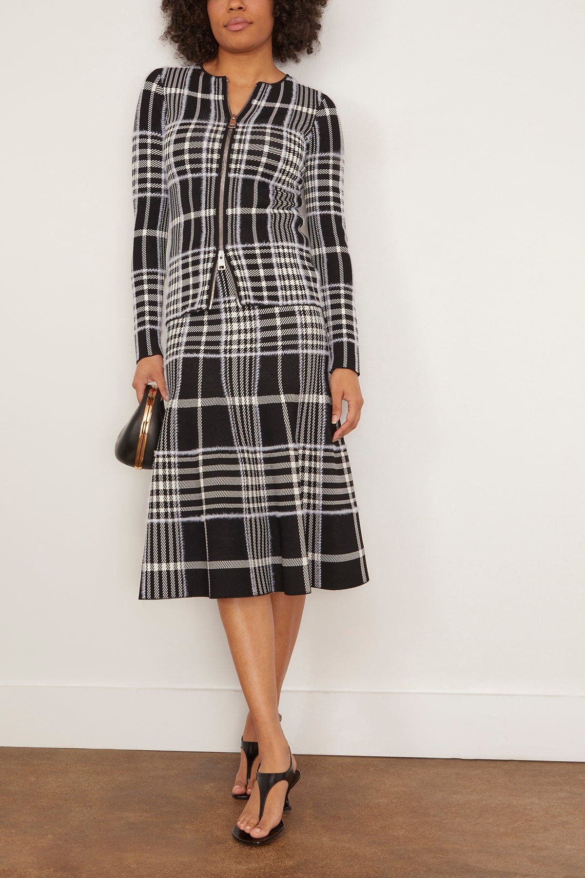 Brandon Maxwell The Greer Zip Front Knit Cardigan in Black Plaid