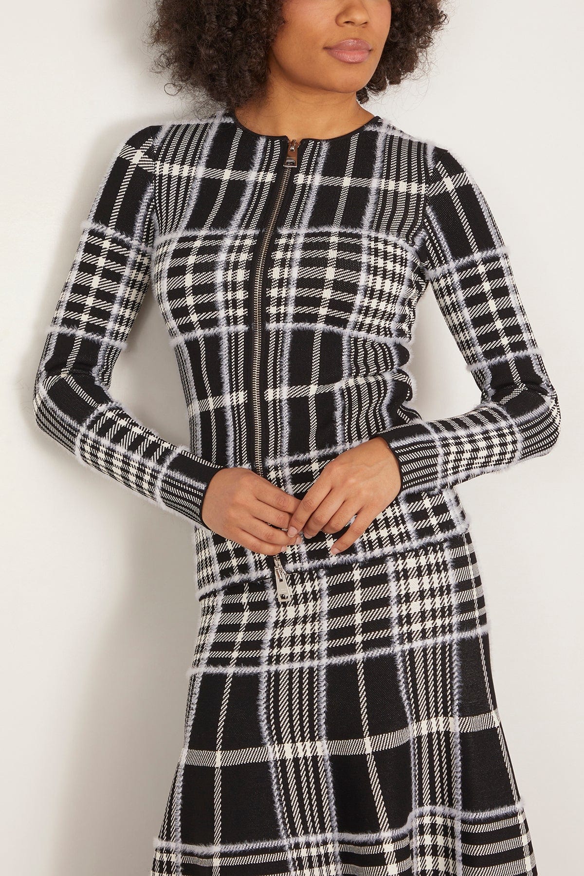 Brandon Maxwell The Greer Zip Front Knit Cardigan in Black Plaid