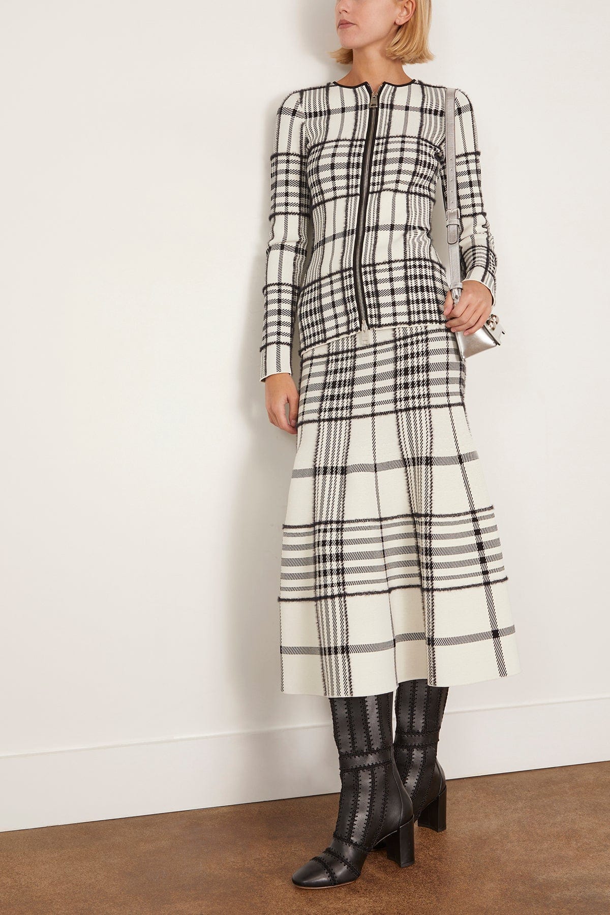 Brandon Maxwell The Greer Zip Front Knit Cardigan in Ivory Plaid