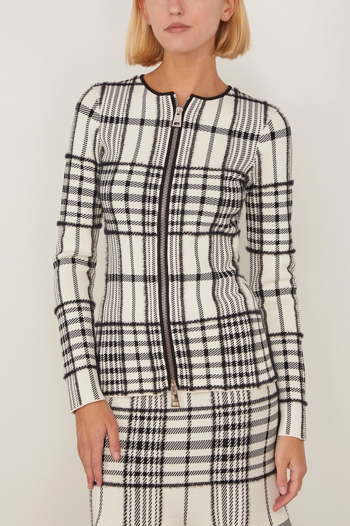 Brandon Maxwell The Greer Zip Front Knit Cardigan in Ivory Plaid
