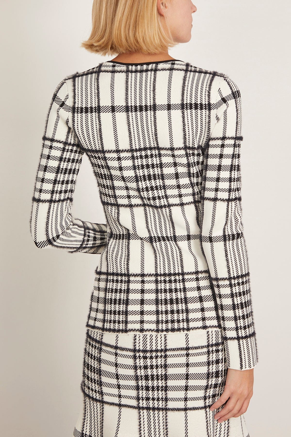 Brandon Maxwell The Greer Zip Front Knit Cardigan in Ivory Plaid